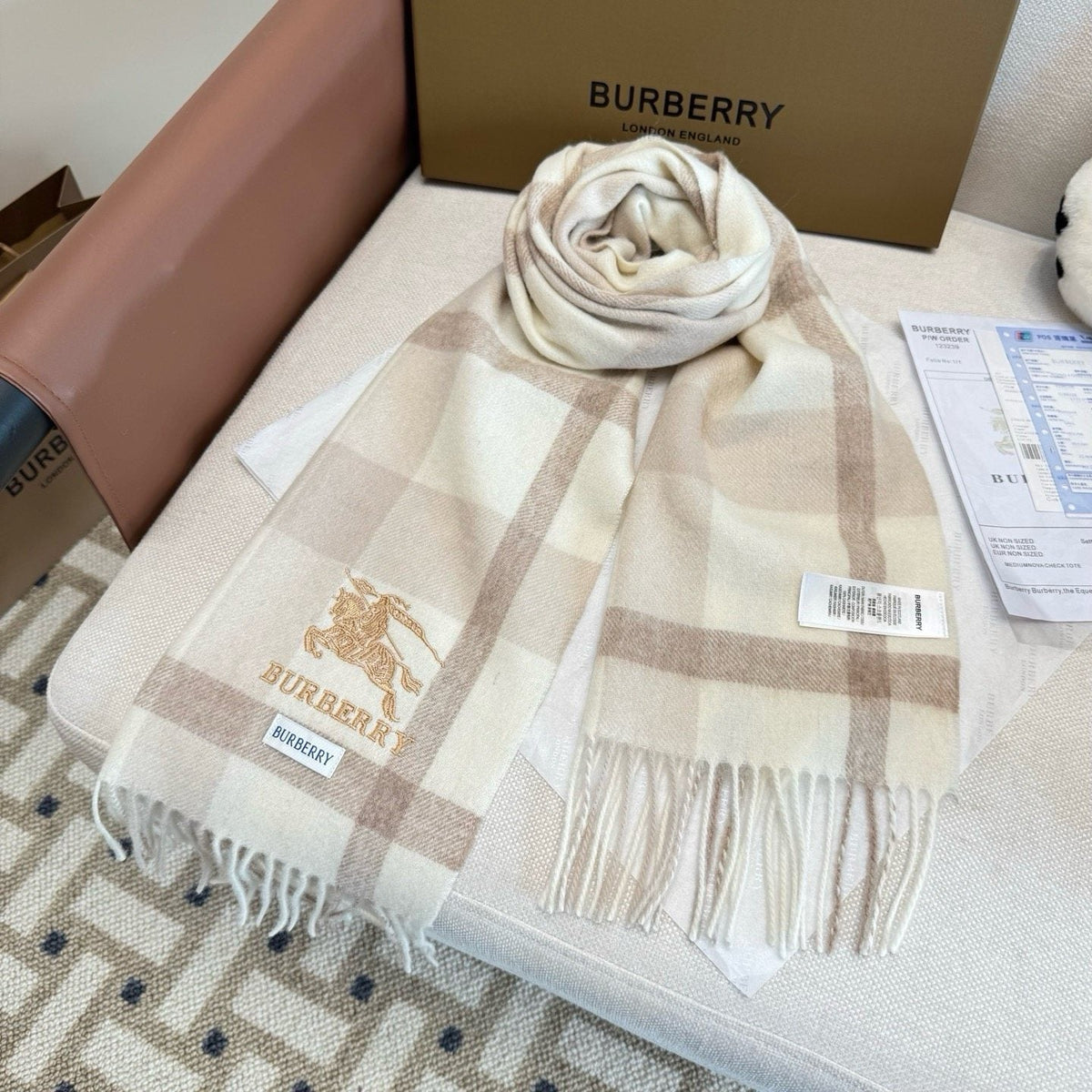 Burberry Cream Taupe Check Fringed Scarf